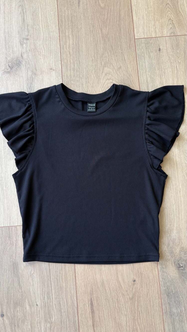 SHEIN Ribbed Ruffle Sleeve Top Size US 4 Black